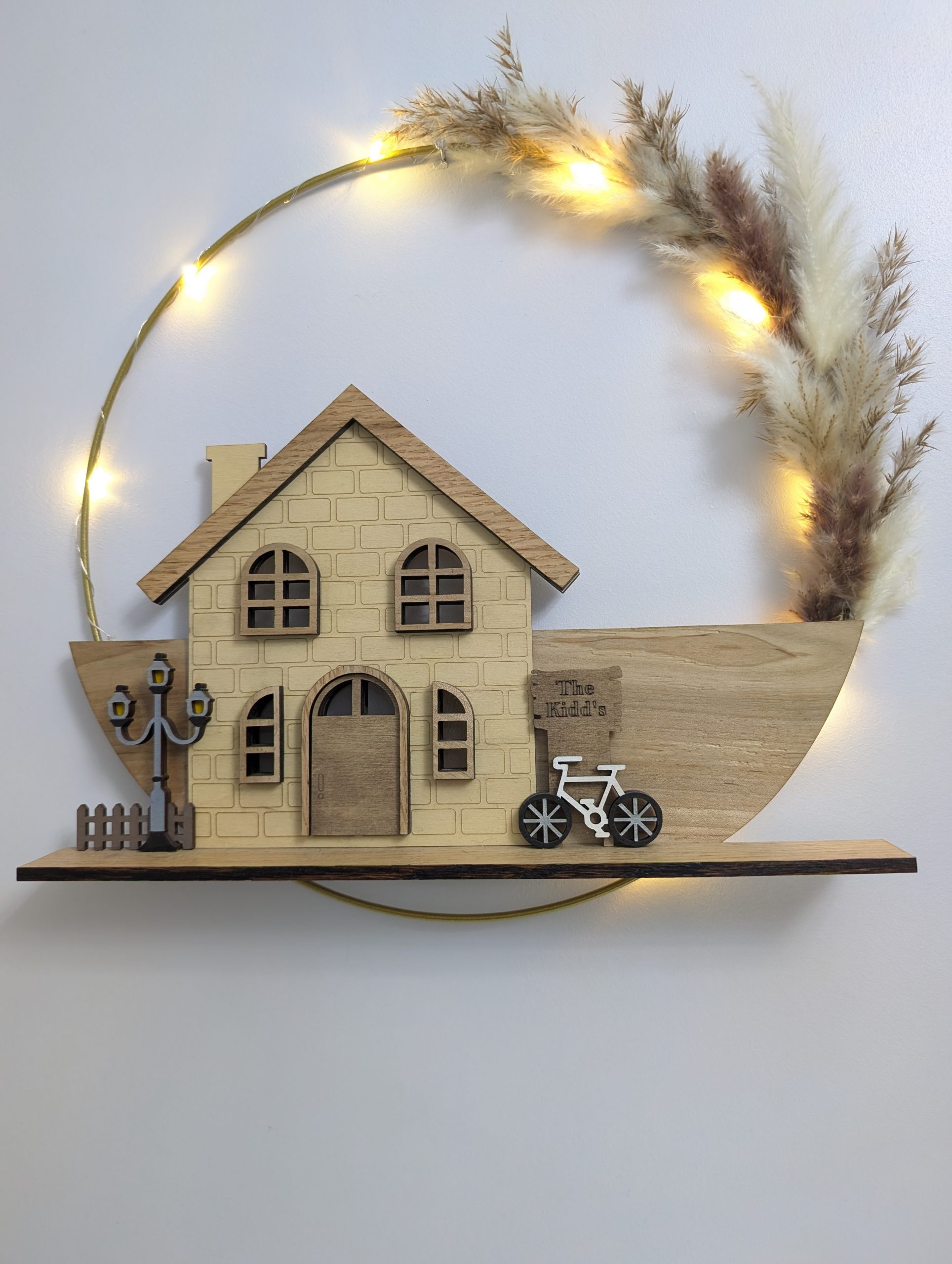 Wall Mounted Wreath with LED House Ornament
