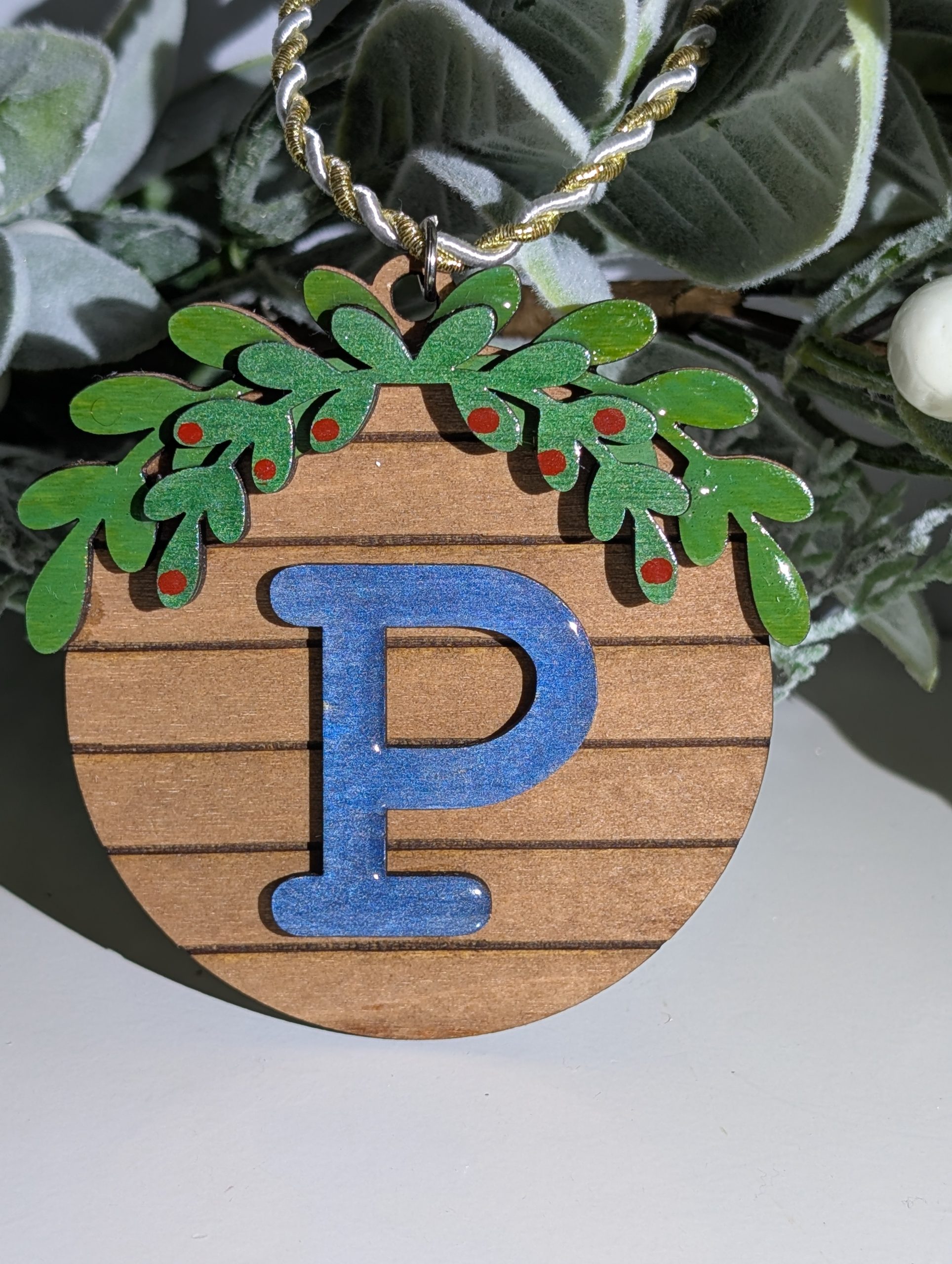 Wreath Bauble with Letter (Walnut Stain) - Image 3