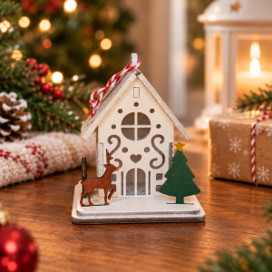 Wooden Christmas House Decoration with Reindeer & Tree