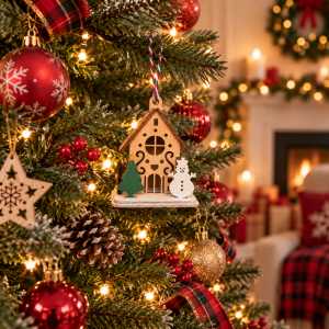 Wooden Christmas House Decoration with Snowman & Tree