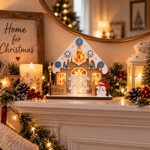 Wooden LED Christmas Gingerbread House with Snowman – Light-Up Festive Decoration